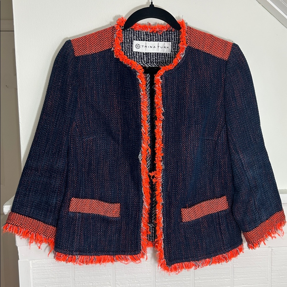 Trina Turk Mitra Pop Tweed Jacket Navy & Orange, silk cotton, fits like small - Picture 2 of 9